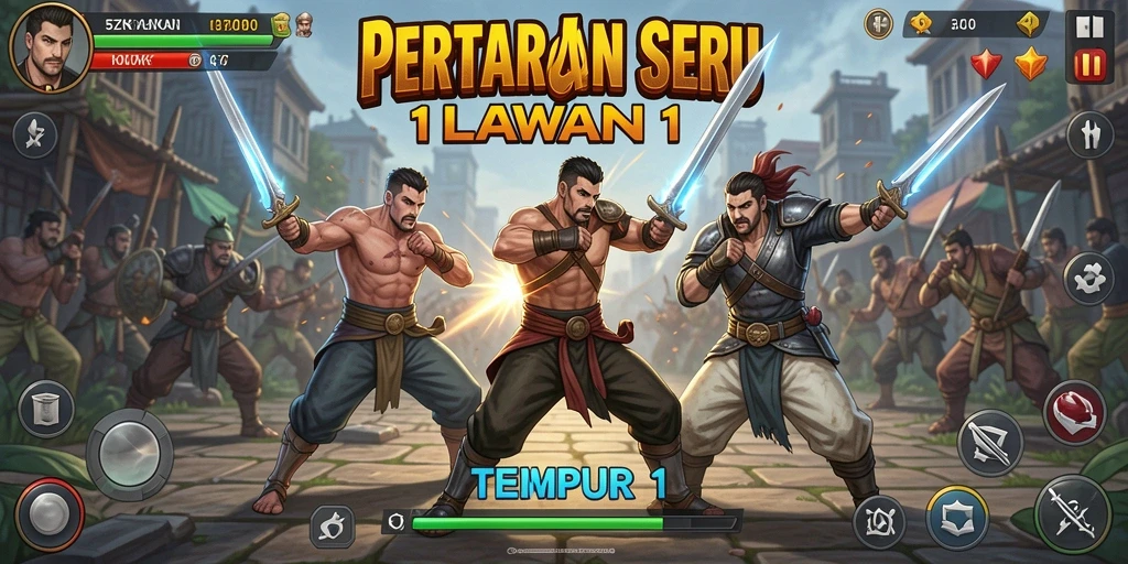 Tampilan antarmuka pertarungan dalam game Tempur 1 Lawan 1 yang menarik.